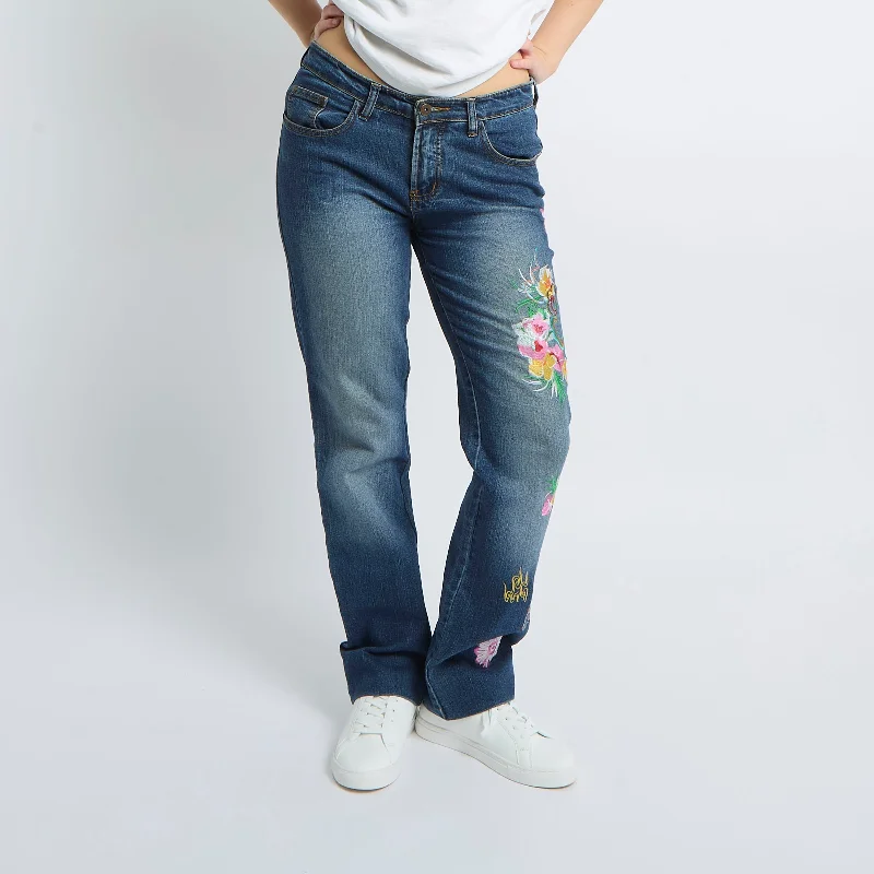 Embroidery Detail Flare Leg Jeans - UK 12 Casual Loose Fit Jeans