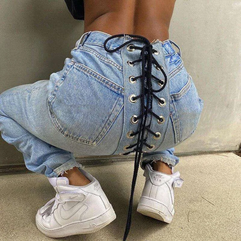 Strappy Jeans Trendy Wide-Leg High-Waist Denim