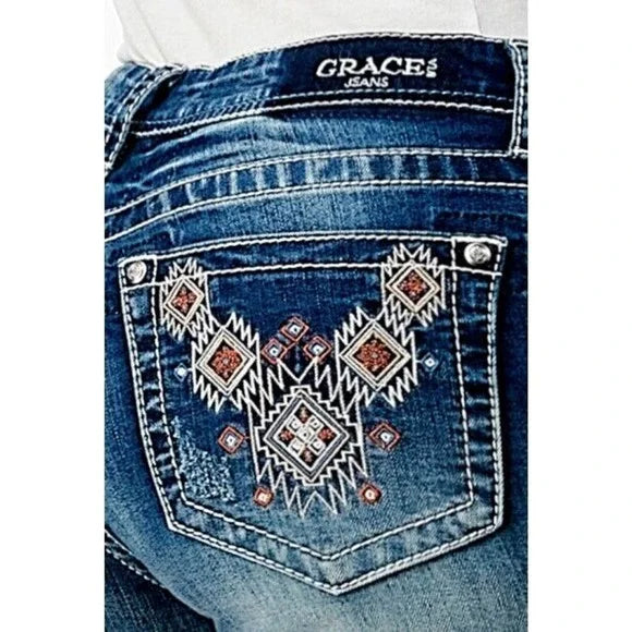 Grace in LA Wmns Aztec Flare Bootcut Jeans - Black Friday Sale Stylish Paperbag Waist Denim