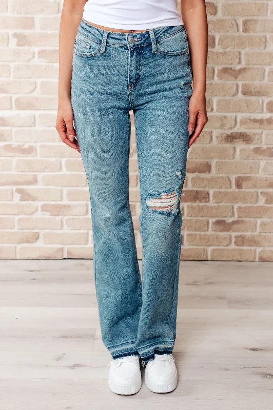 Judy Blue Isla Mid Rise Distressed Released Hem Bootcut Jeans Comfortable Full-Length Denim Jeans