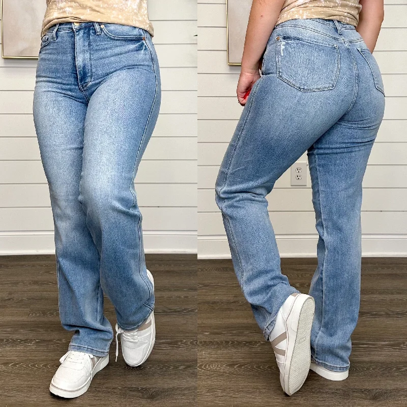 Judy Blue Carissa Tummy Control High Rise Straight Leg Medium Contrast Wash Jeans Trendy Low-Rise Slim Jeans