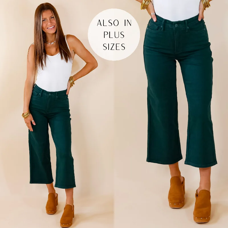 Last Chance Size 1 & 7 | Judy Blue | Sign Me Up Tummy Control Garment Dyed Cropped Jeans in Dark Green Trendy Wide-Leg High-Waist Denim