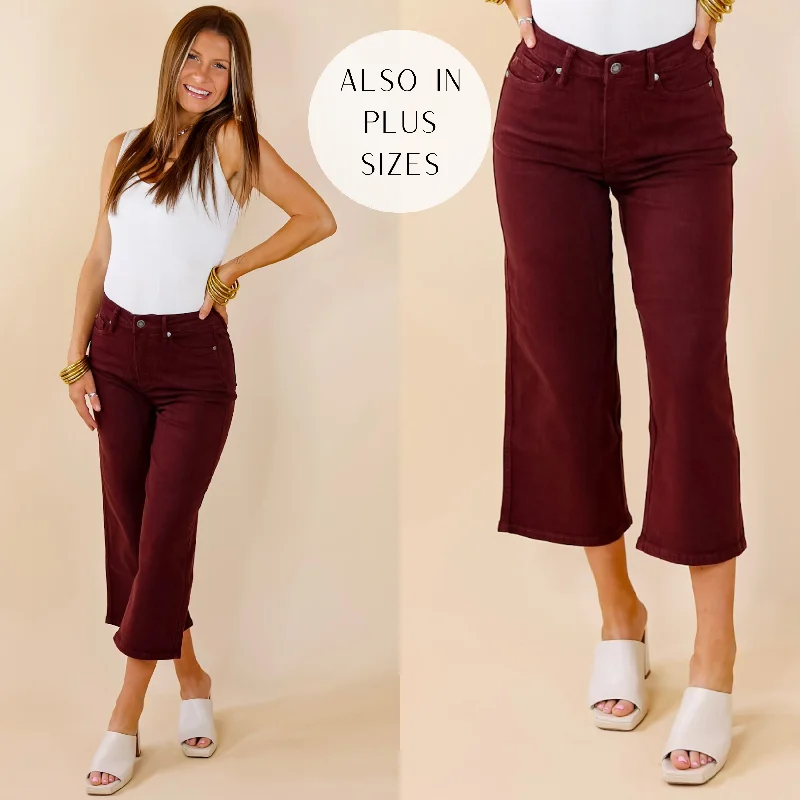 Last Chance Size 0, 1, 3, 15, 14W, 18W, 20W & 22W | Judy Blue | Sign Me Up Tummy Control Garment Dyed Cropped Jeans in Maroon Cozy Stretch High-Waist Jeans