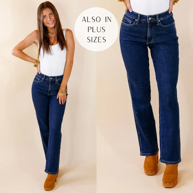 Last Chance Size 0 | Judy Blue | Sweet Perspective Tummy Control Classic Straight Leg Jeans in Dark Wash Fashionable Raw Hemmed Jeans