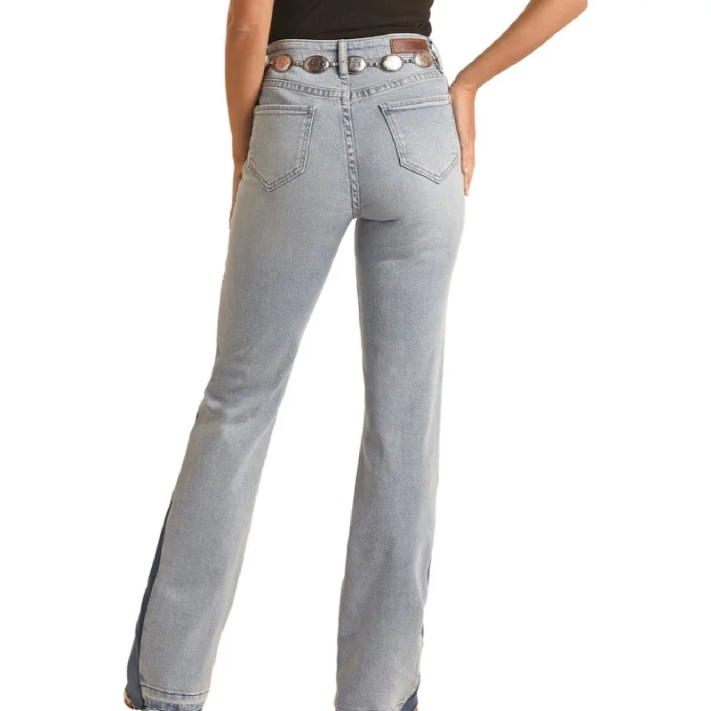 LADIES ROCK & ROLL SIDE INSERT FLARE REGULAR FIT BOOTCUT JEANS Trendy Pleated Waist Jeans