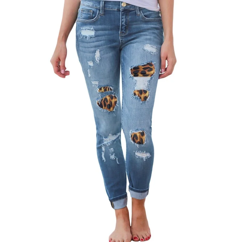 Leopard-print ripped patch stretch jeans Casual Distressed Denim Jeans