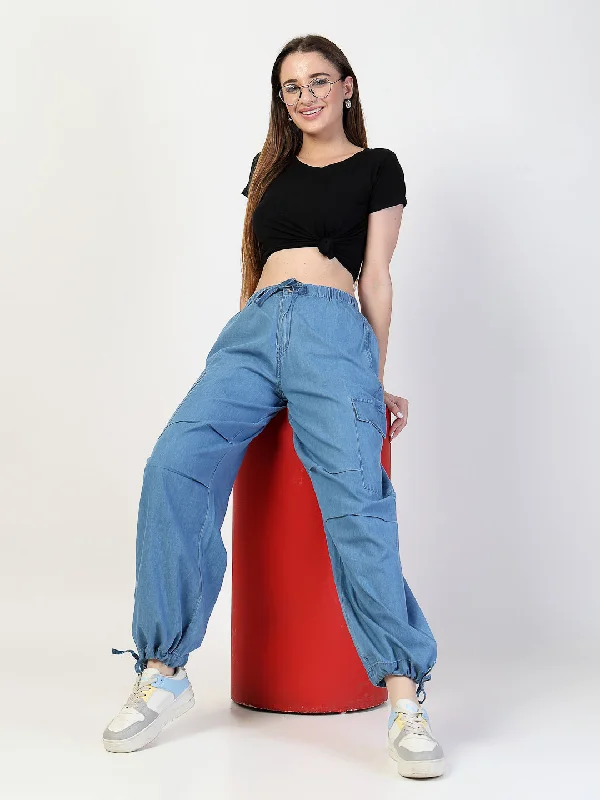 Light Blue Cargo Jeans With Elastcated Waistband Cozy Stretch High-Waist Jeans