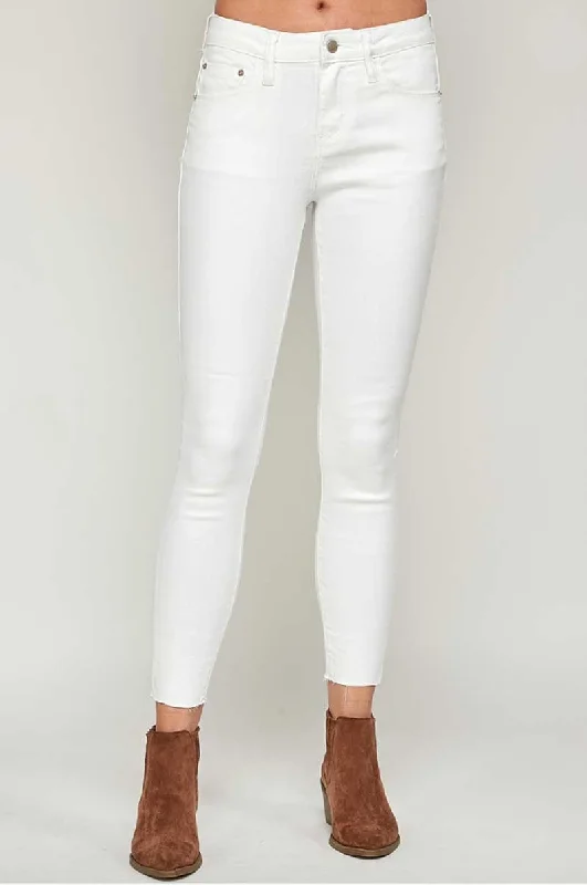 Mid Rise White Raw Hem Classic Skinny Jeans Trendy Button-Up High-Waist Jeans