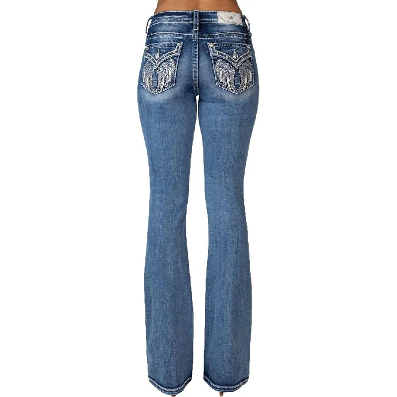 Miss Me Women's Feather Faux Flap Bootcut Jeans Trendy Vintage Denim Jeans