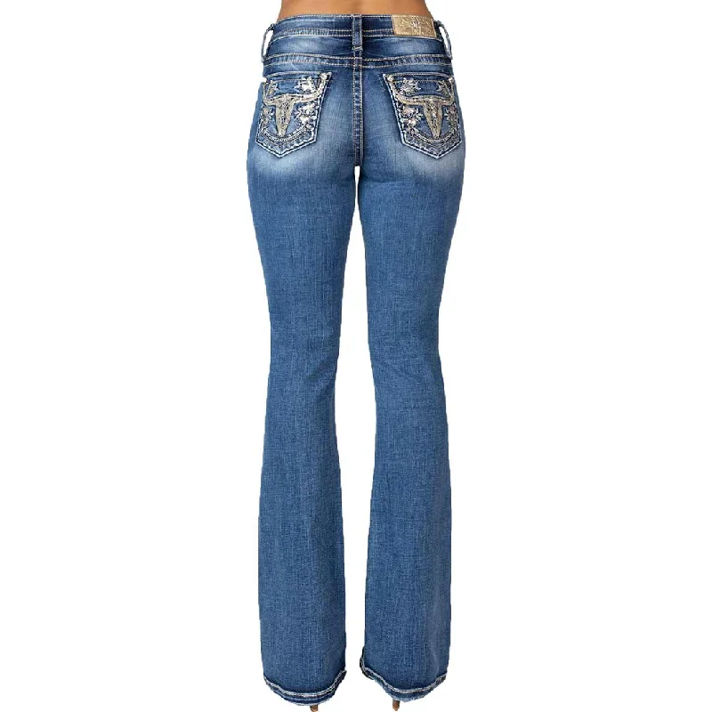 Miss Me Women's Steer Skull Pocket Bootcut Jeans Chic Faded Blue Jeans