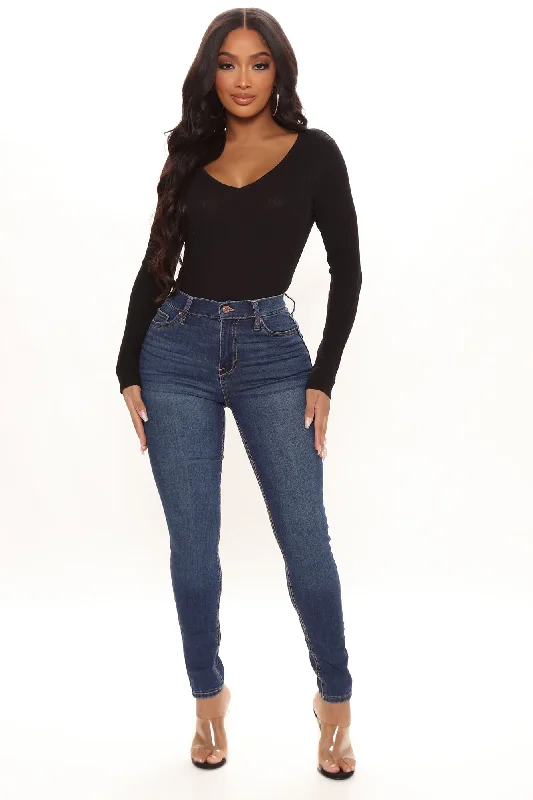 Out On The Town Skinny Jeans - Dark Wash Fashionable Button-Front Jeans