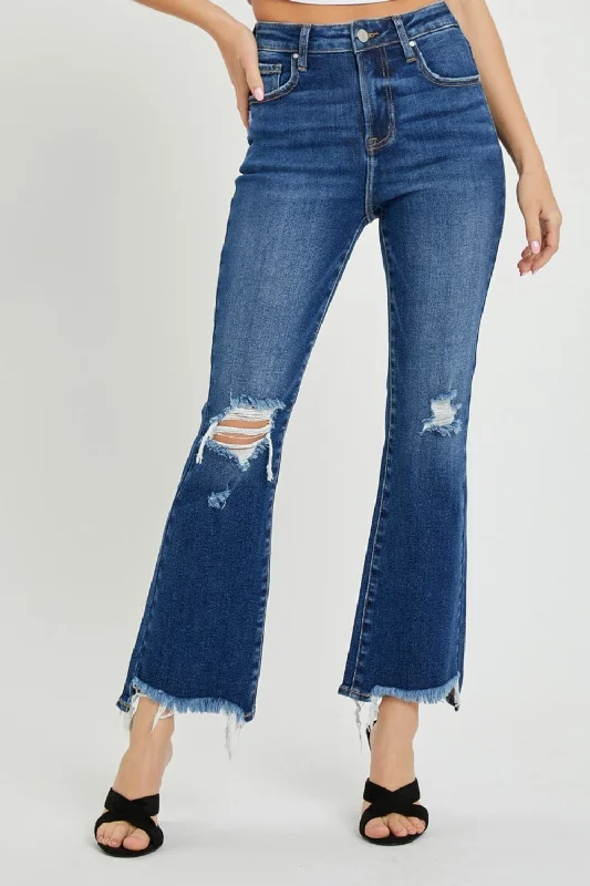 RISEN High Rise Distressed Crop Flare Jeans Comfortable Drawstring Waist Jeans