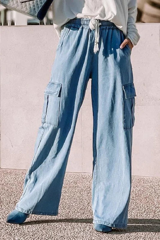 Sky Blue Drawstring High Waist Cargo Pocket Wide Leg Jeans Comfortable Mid-Rise Jeans