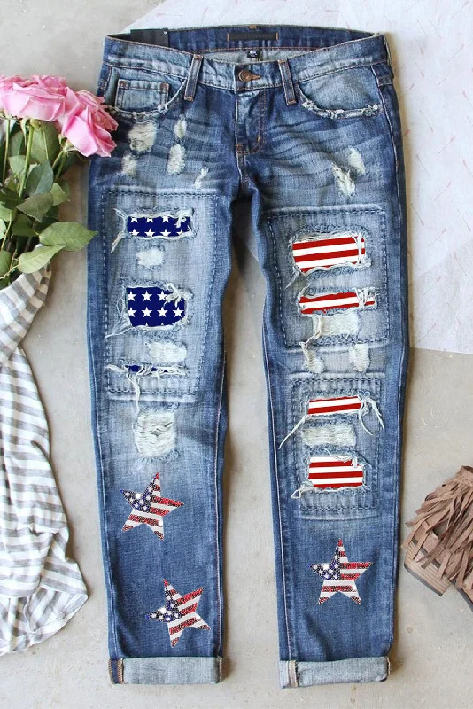 US Flag Mid-Rise Waist Straight Jeans Comfortable Drawstring Waist Jeans