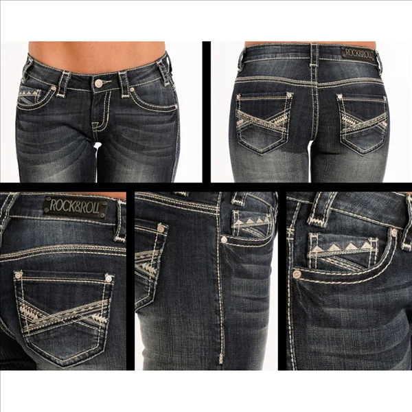 W2-8480 Rock & Roll Cowgirl Juniors Boyfriend Jeans Aztec Multi-Stitching Elegant Raw Hem Jeans