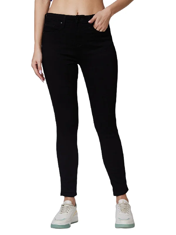 Spykar High Rise  Super Slim Fit Black Jeans For Women Elegant Wide-Leg Jeans