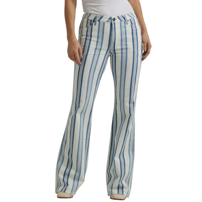 Wrangler Blue & White Stripe Flare Jeans Trendy Wide-Legged High-Waist Jeans