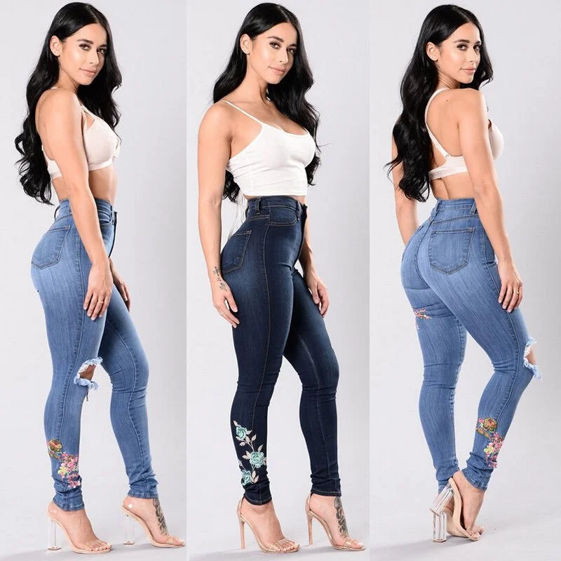 Women's denim pants embroidered jeans trousers Trendy Low-Rise Slim Jeans